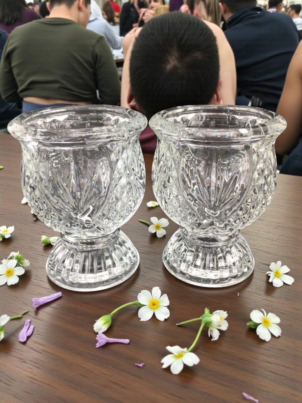 VTG Pressed Glass Candle Holders Votive Cups Clear Crystal Pedestal - Fostoria